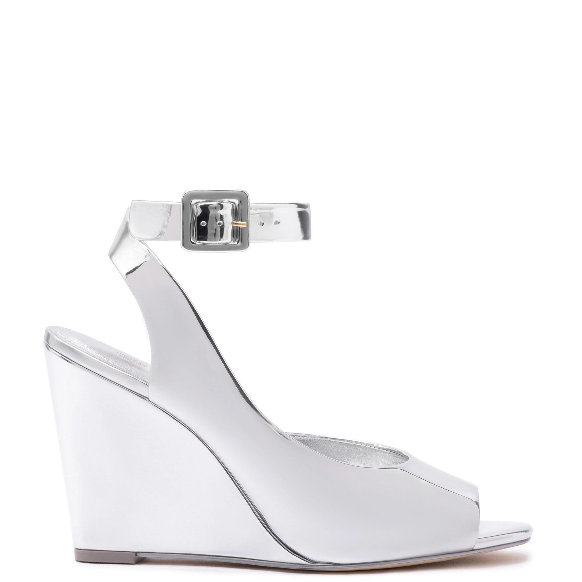 New In This Season Deena By Larroudé Wedge Sandal In Silver Specchio