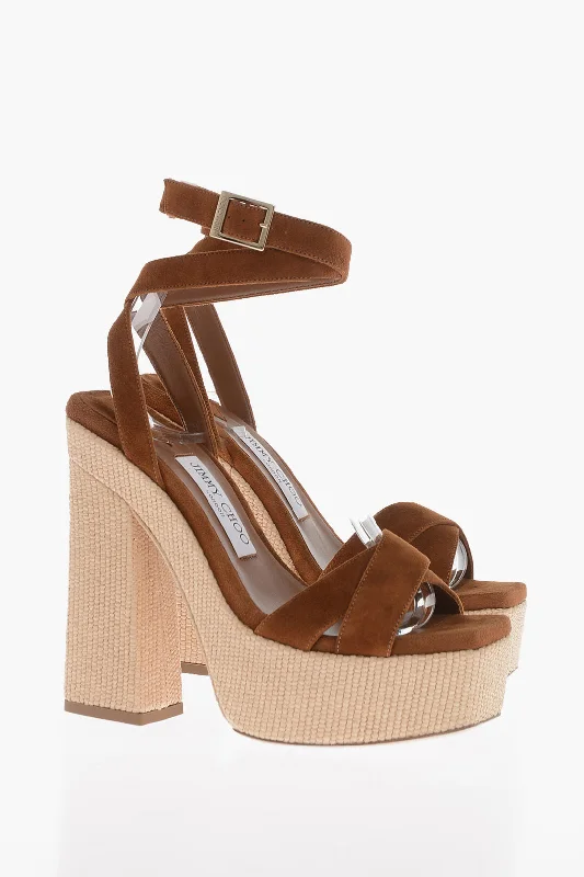 Stylish Casual Footwear Jimmy Choo Suede Gaia Platform Sandals With Rafia Heel 14Cm
