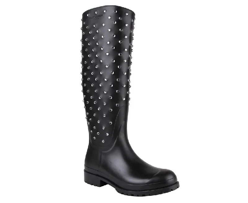 Stylish Deals Saint Laurent Women's Black Rubber Rain Boots With Crystal Studs (35 EU / 5 US)